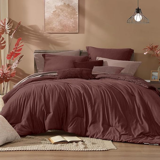 Monbix California King Comforter Set - 7 Pieces Cationic Dyeing Dark Red Bed in a Bag Cal King Bedding Sets with Comforter, Sheets, Pillowcases & Shams, Reversible Bedding Comforters Sets
