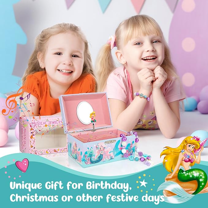 Girls' Musical Jewelry Box Organizer with Jewelry Set - blue ocean mermaid Theme, OVER THE WAVES Tune - Jewelry Storage and jewelry box for girls - Image 4