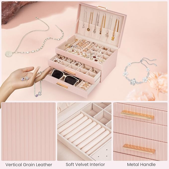 Dajasan Jewelry Box Organizer, 3-Tier Jewelry Storage Organizer with 2 Drawers, Large Jewelry Box for Girls Women, PU Leather Surface with Texture, Gift Idea, Modern Style (Pink) - Image 4