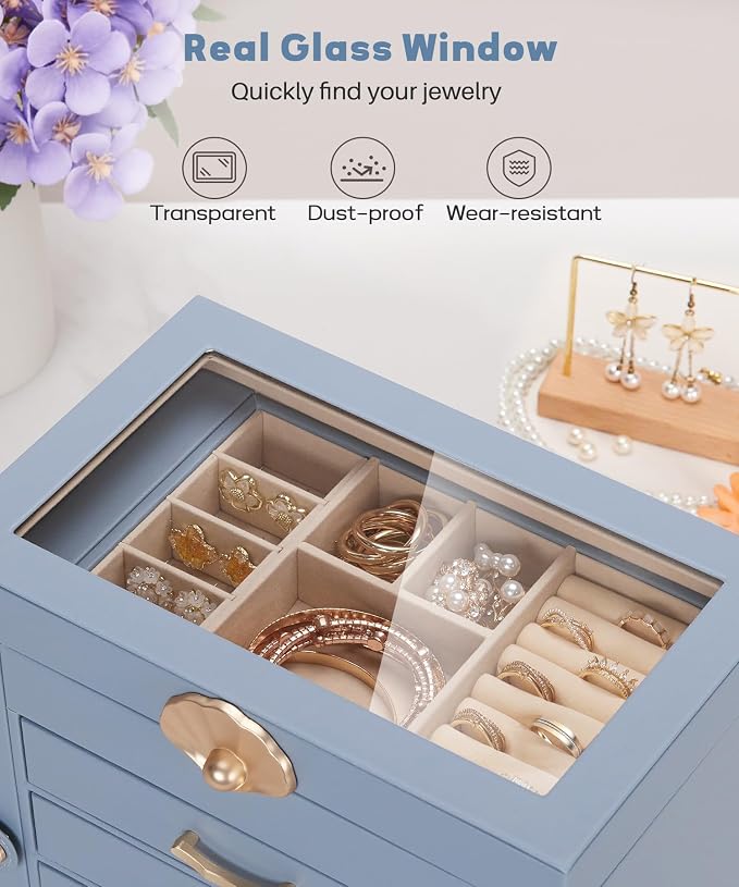 Enthralite Jewelry Box with 4 Drawers: Display Organizer for Earrings Necklaces - Gifts for Girls Women (Grey Blue) - Image 4