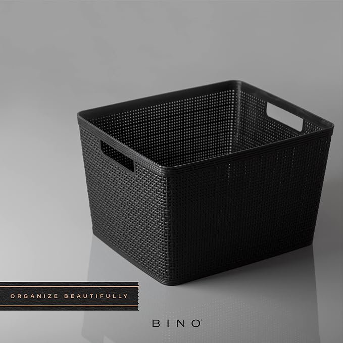 BINO | Woven Plastic Basket | Large (Black), 3-Pack | THE JUTE COLLECTION | Home Organization, Space - Saving Storage, Stylish Design | Jute Basket | Plastic Storage Basket - Image 6