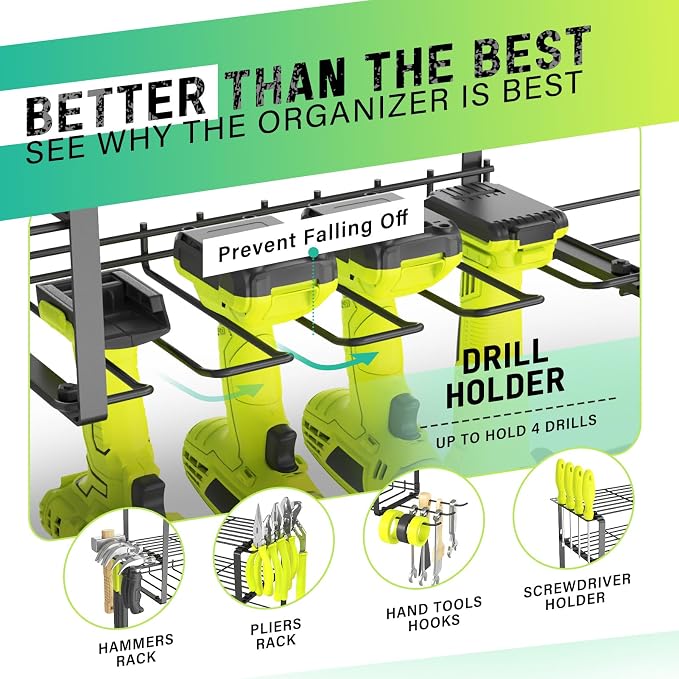 SUNALLY Power Tool Organizer, 4 Drill Holder Wall Mount, Garage Tool Organizer and Storage with Screwdriver Holder, Garage Organization, 4 Layer Cordless Drill Holder with Hammer Holder - Image 2