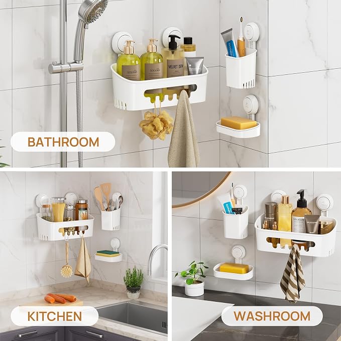 LEVERLOC Shower Caddy Suction Cup Set Shower Organizer & Soap Holder & Toothbrush Holder, Bathroom Shelf Basket NO-Drilling, Removable Suction Storage Waterproof Bathroom Caddy, White - Image 5