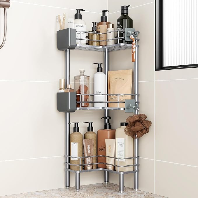 Orimade Rustproof 3 Tier Floor Standing Corner Shower Caddy Organizer with Toothbrush Holder, Large Spacing Floor Shower Shelf Rack Storage Stands with Hooks for Bathroom Kitchen, Silver by Orimade