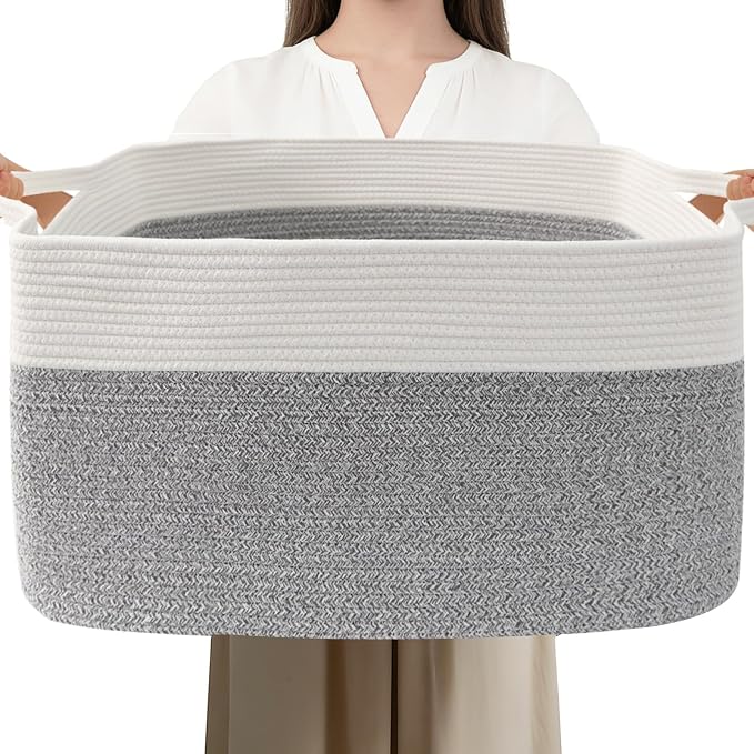 Large Blanket Basket,Woven Rope Basket Storage Bin with Handles,65L Rectangle Laundry Basket for Magazines,Toys,Clothes,Newspaper Shelf Organization,Nursery and Living Room,White&Grey by HZFTJOY