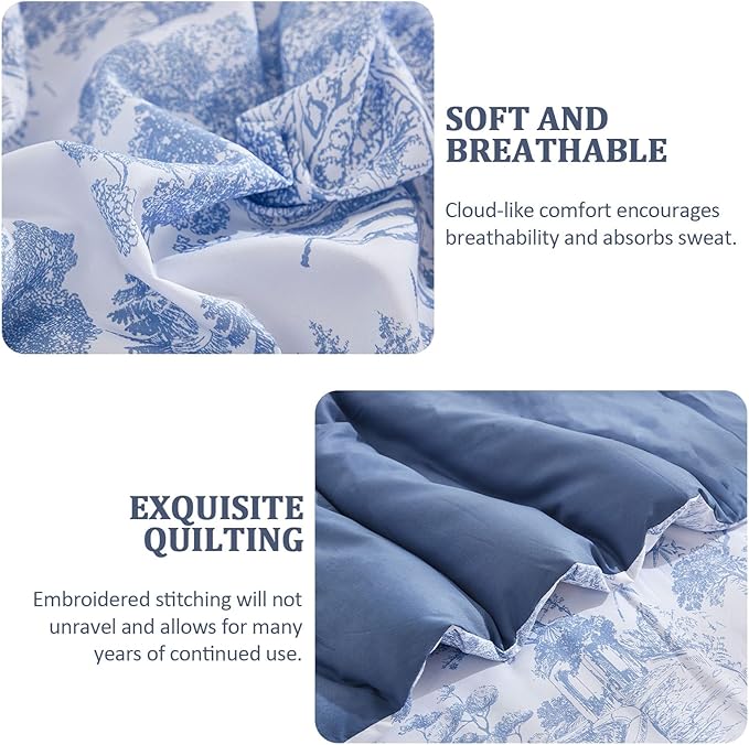 DJY Blue Comforter Set Queen, 7 Pieces Bed in a Bag Queen Size Botanical Comforters with Sheets Elegant Plants Print Soft Microfiber Reversible Complete Bedding Sets for All Season