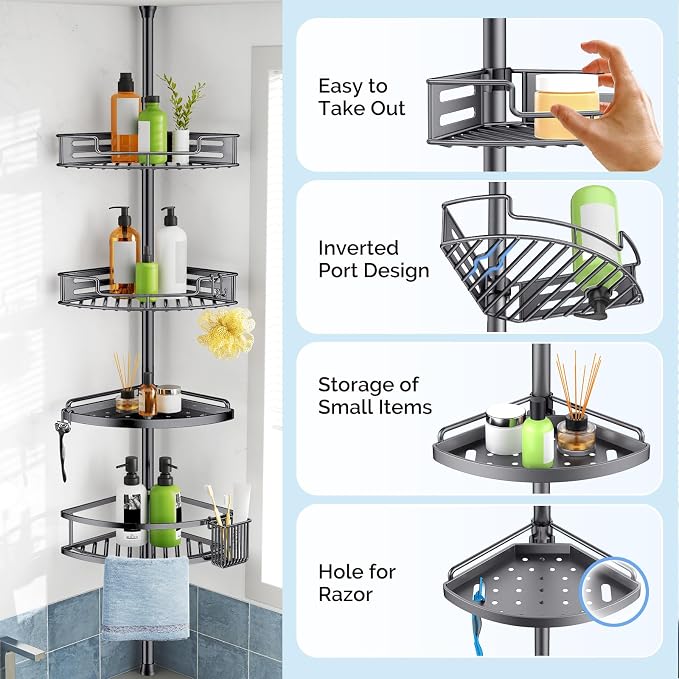 HAMITOR Corner Shower Caddy Tension Pole: Quick Installation 4-Tier Rustproof Bathroom Organizer Shelves for Bathtub Shampoo Storage - 47-121 inch Adjustable Floor Standing Bath Rack Holder Gray - Image 5