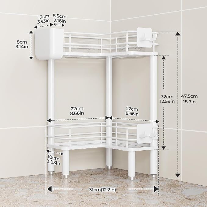 Orimade Rustproof 2 Tier Floor Standing Corner Shower Caddy Organizer with Toothbrush Holder, Large Spacing Floor Shower Shelf Rack Storage Stands with Hooks for Bathroom Kitchen, White - Image 2
