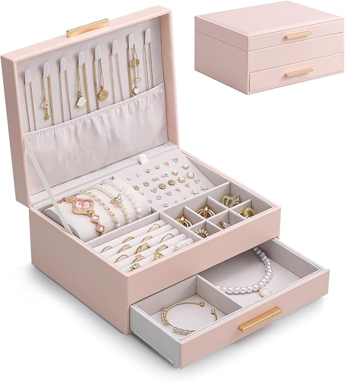 Lolalet 2-Layer Jewelry Box Organizer for Women Girls, Jewelry Storage Case Holder with Drawers for Necklaces Ring Earrings Bracelet Watch, Gifts Choice for Mom Mother’s Day -Pink by Lolalet