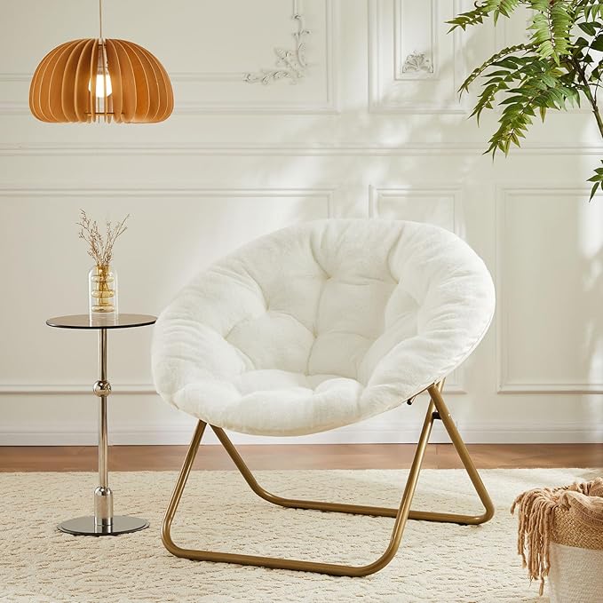 Sweetcrispy Saucer Chairs, Comfy Folding Cozy Faux Fur Living Room Reading Lounge Chair with Soft Thick Padded Seat & Metal Frame Modern Style Bedroom Home Dorm for Kids Adults, X-Large - Cream