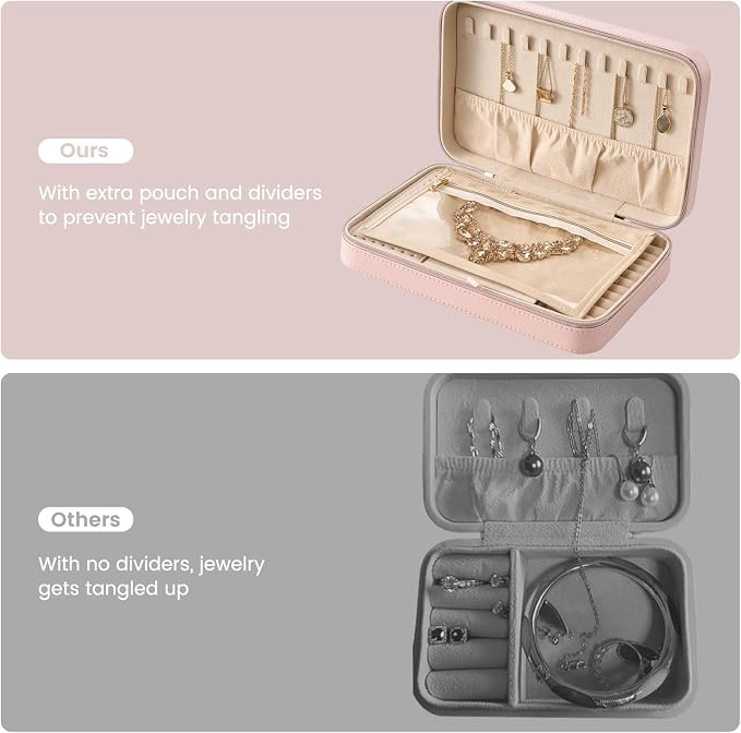Lolalet Travel Jewelry Case for Women Girls, Travel Jewelry Organizer Box with Mirror & Clear Storage Bag, Small Portable Earring Necklace Bracelet Ring Case, Birthday Valentine Gifts -Large, Pink - Image 3