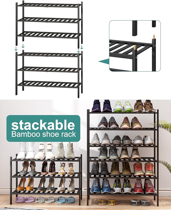 viewcare 3-Tier Black Bamboo Shoe Rack for Entryway, Stackable | Foldable | Natural, Shoe Shelf Storage Organizer for Hallway Closet, Free Standing Shoe Racks for Indoor Outdoor - Image 6