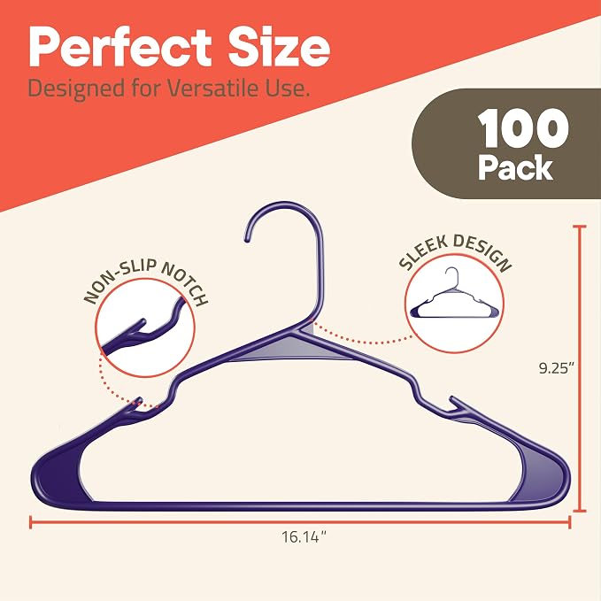Purple Plastic Hangers 100 Pack– Heavy-Duty Plastic Hangers Slim and Space-Saving, Durable and Lightweight with Non-Slip Shoulder Notches for Slip Dresses, Suits, Jackets & Camisoles - Image 2