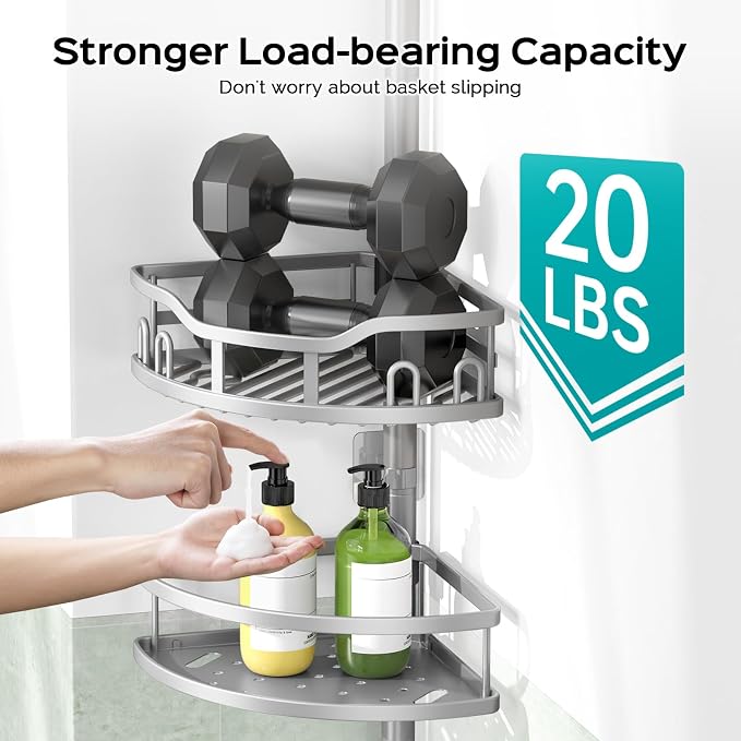HAMITOR Corner Shower Caddy Tension Pole: Rustproof 4-Tier Bathroom Organizer Shelves for Bathtub Shampoo Storage - 47-121 Inch Quick Install Adjustable Rod Standing Rack with Soap Rack - Silver Gray - Image 3