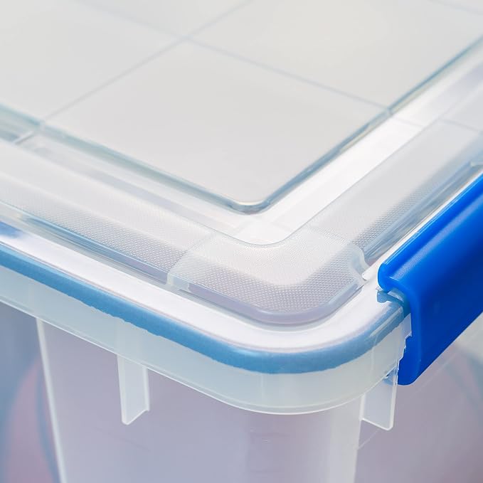IRIS USA WeatherPro 74 Qt Storage Bins with Lids, 3 Pack, BPA-Free Plastic Gasket Box with Tight Latch and Seal, Stackable Nestable Tote Tub - Clear/Blue - Image 6