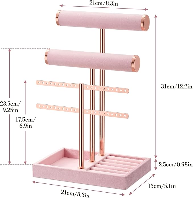 bussdis 3 Tier Bracelet Holder Display - Detachable T Bar Pink Velvet Bracelet Holder, Jewelry Holder Organizer for Bracelet, Necklace, Earrings, Rings - Image 5