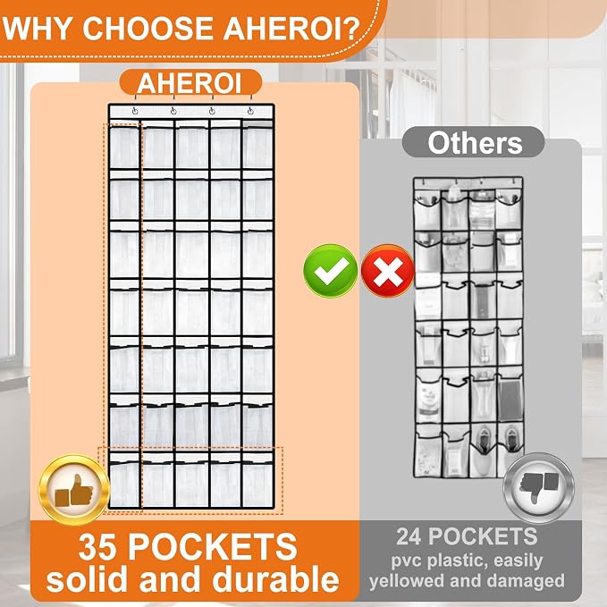 Aheroi 35 Pockets Large Over the Door Organizer, Breathable Mesh Pockets Shoe Organizer, Hanging Shoe Organizers Mesh Closet Shoe Holder Hanger Holds Up to 40 lbs, Space Saving Shoe Rack - Image 4