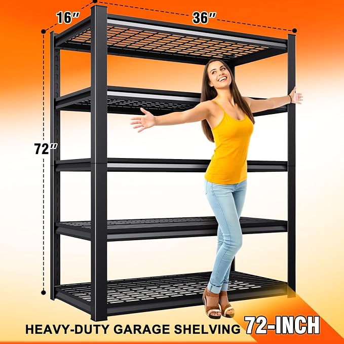 2 Pack Storage Shelves, 2500lbs Garage Shelving,Adjustable Heavy Duty Shelving Unit,5T Tall Garage Shelves，Metal Standing Shelf Units,Utility Rack For Kitchen Warehouse Industrial Basement 72*36*16 - Image 3