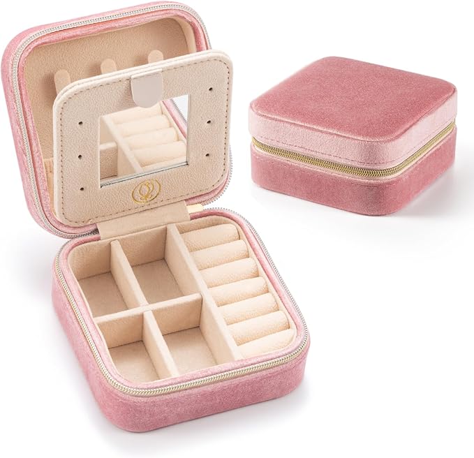 Plush Velvet Jewelry Travel Case,Small Jewelry Box,Traveling Jewelry Organizer,Portable Jewellery Storage Holder for Rings Earrings Necklace Bracelet, for Girls Women | Pink-Mirror by VOMNA