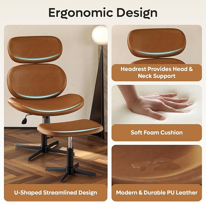 Bestier Swivel Modern Chair with Ottoman No Wheels, PU Criss Cross Reading Chair with Extended Headrest & Adjustable Seat, Modern Armless Ergonomic Chair for Living Room, Brown
