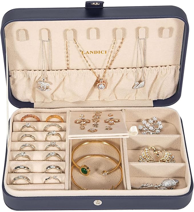 LANDICI Small Jewelry Box for Women Girls, PU Leather Travel Jewelry Case, Portable Jewelry Organizer Storage Holder Display for Ring Earrings Necklace Brooch Men Kids Gift, Dark Blue - Image 2