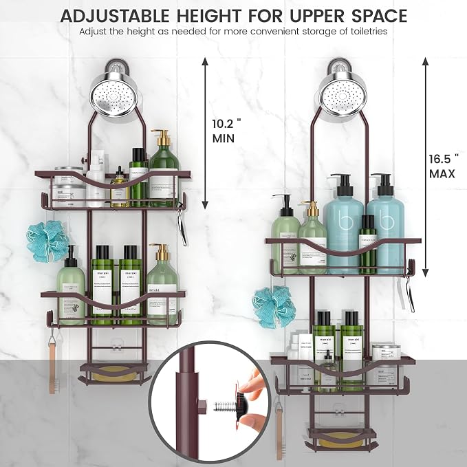 REINHARDT Shower Caddy Hanging Adjustable, Extended Length Rustproof Showers Caddy Over Showerhead with Hooks Soap Holder, Large Capacity Shower Organizer Anti-Swing Bathroom Organizer, Bronze - Image 2