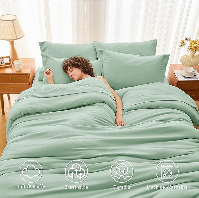 MUXHOMO 7 Pieces Full Comforter Set, Soft Bed in a Bag Full Size, All Season Bedding Set with Comforter, Flat Sheet, Fitted Sheet, Pillowcases & Shams, Sage Green