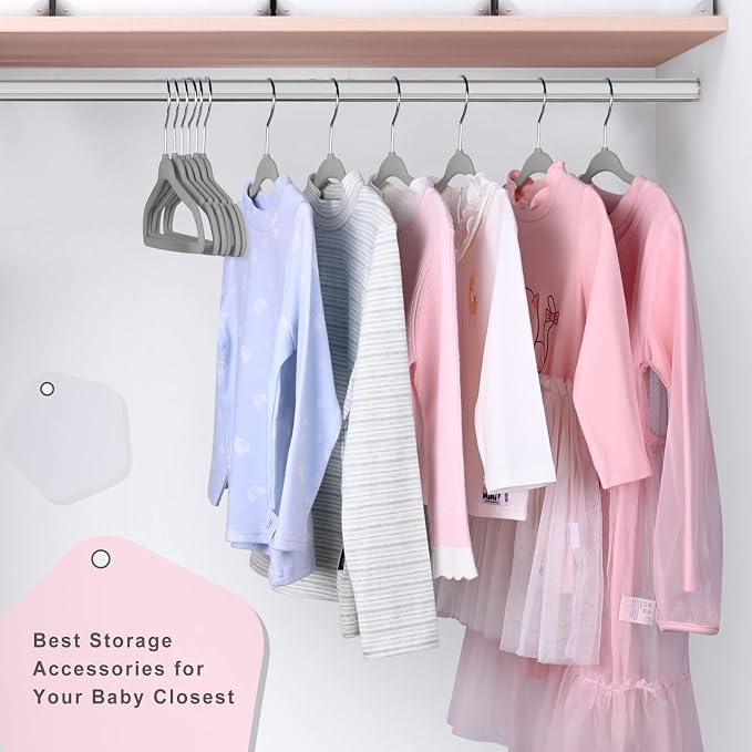 BAGAIL 50 Pack Kids Velvet Hangers 14 Inches Children's Clothes Hangers Non-Slip Baby Hangers for Infant/Toddler (Grey) - Image 6