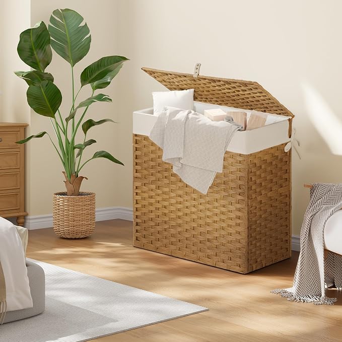 Greenstell Laundry Hamper with Lid, 125L Wicker Laundry Baskets with 2 Removable Liner Bags & 5 Mesh Laundry Bags, Handwoven Rattan Clothes Hamper with Handles for Clothes in Bathroom, Bedroom - Image 2