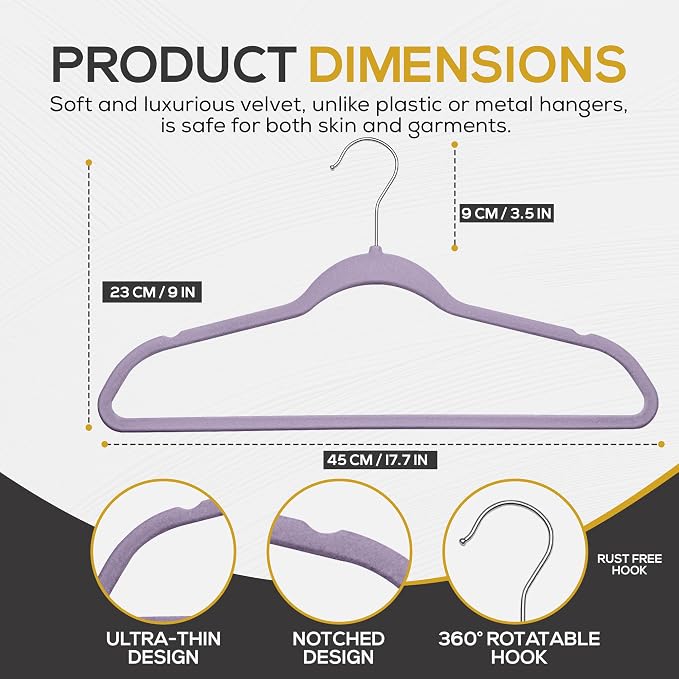 Techzoo Premium Velvet Hangers 50 Pack Ultra Thin Non Slip Adult Felt Space Saving Suit Hanger for Closet Heavy Duty Coat Pants Jackets Dress Hangers 360° Swivel Hook Hold Upto 10 lbs Purple Hangers - Image 2