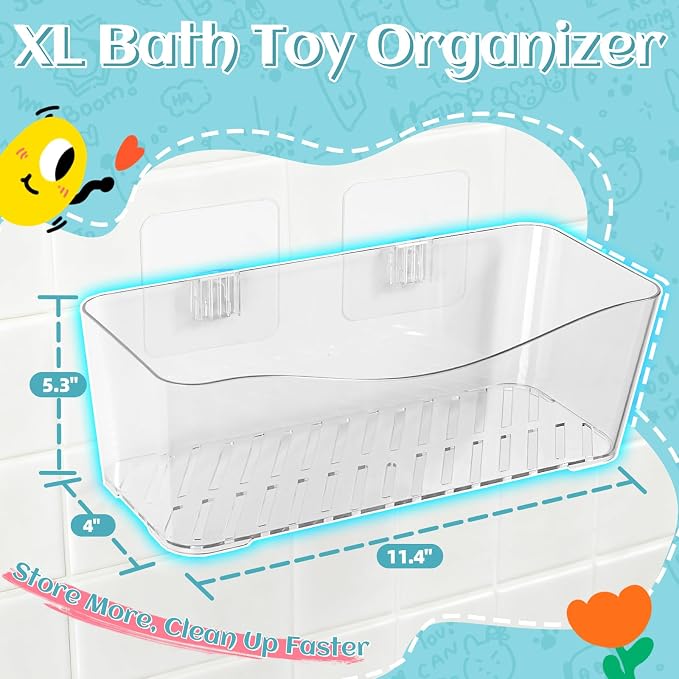 MIUKAA 2 Pack Large Bath Toy Storage Organizer, Clear Bath Toy Holder for Bathtub, Plastic Shower Toy Holder, Fast drainage, No Drilling Required, Easy to Install - Image 2