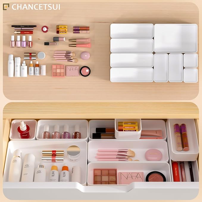 9 Pcs Stackable Drawer Organizer Trays Set, Multifunctional Stackable Storage Trays for Vanity, Bathroom, Kitchen, Desk Drawer Organizer Office. Plastic Drawer Organizers Available In 5 Colours, White - Image 3