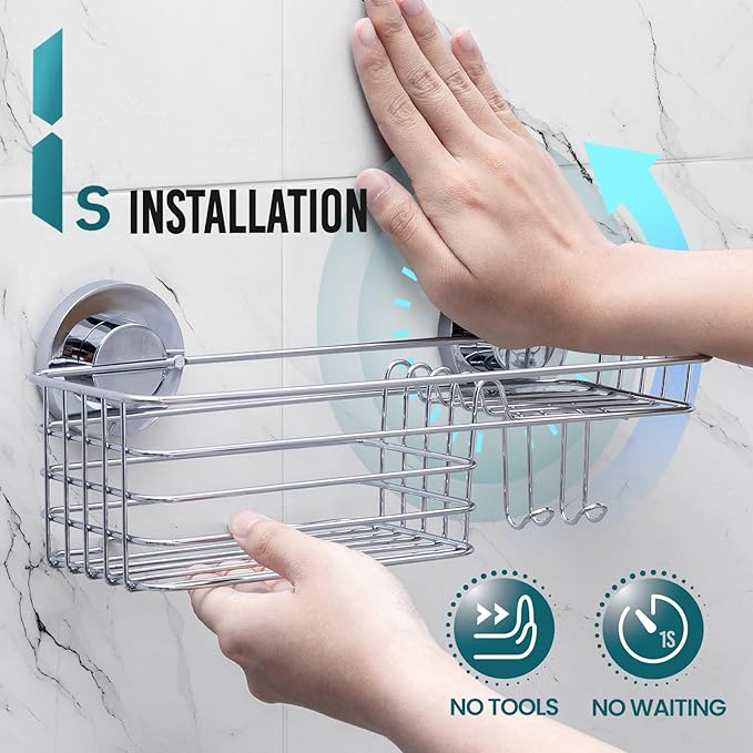 TAILI Shower Caddy Suction Cup with Hooks & Soap Holder, Heavy Duty Bathroom Shower Organizers, Removable Bathroom Shelves for Inside,Stainless Steel Bathroom Holder - Image 2
