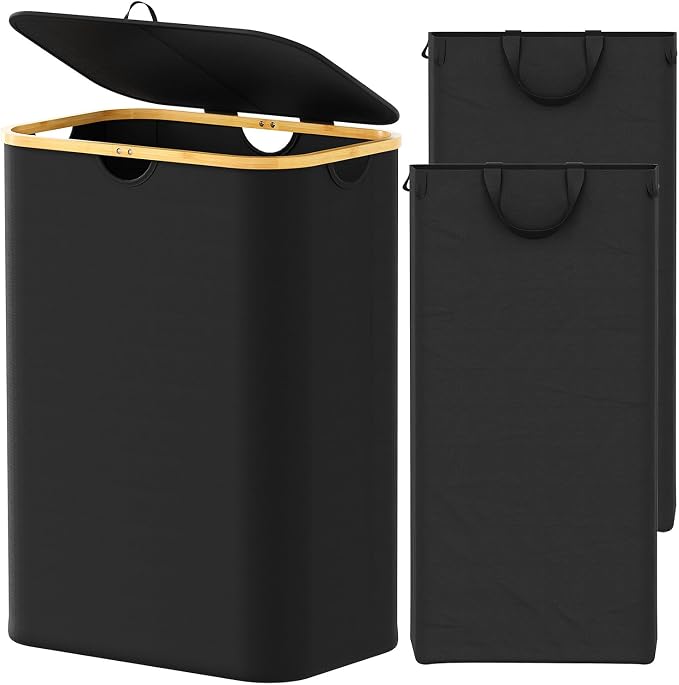 SpaceAid Double Laundry Hamper 2 Section with Lid and Removable Laundry Bags, 160L Clothes Basket with Bamboo Handles, Large Collapsible Hamper for Bedroom, Bathroom, Dorm, Laundry Room - Black by SpaceAid