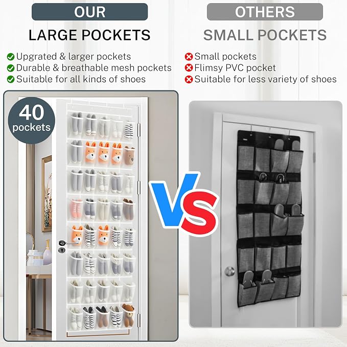 40-Pocket Over the Door Shoe Organizer - Large Mesh Pocket Hanging Shoe Rack for Door, Shoes Storage Holder Sturdy Non-woven Fabric - Stores 20 Pairs (White02) - Image 6