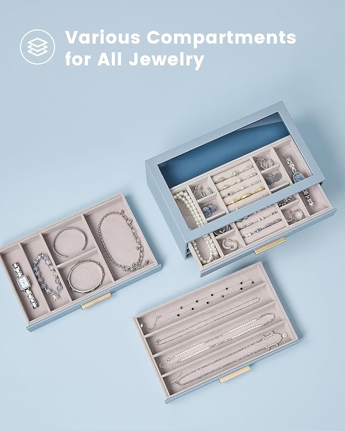 Lolalet Jewelry Box Organizer, 3-Layer Jewelry Organizers and Storage Case with Glass Lid, Ring Earring Bracelet Necklace Holder Organizer, Birthday Valentine Gifts for Women Girls -3Layer, HazeBlue - Image 3