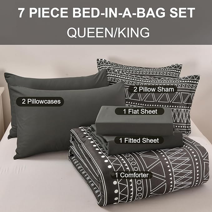 WONGS BEDDING Black Grey Boho Comforter Set King Size 7 Piece Stripe Gradient Bed Set Bed in a Bag Bedding Set for All Seasons Reversible Soft Microfiber Comforter with Sheets, Pillowcases & Shams
