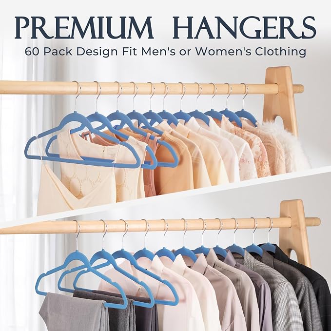 HOUSE DAY Tranquil Blue Velvet Hangers 60 Pack, Non Slip Clothes Felt Hanger Heavy Duty for Coat, Premium Slim Space Saving Suit Hangers for Closet Organizer, 360° Rotating Silver Hook - Image 8