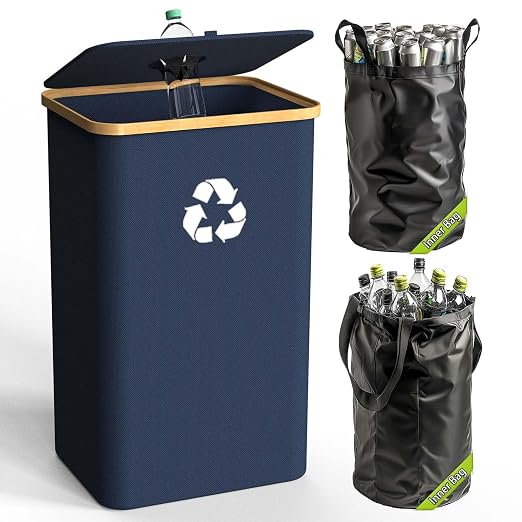 Recycling Bin for Kitchen Indoor Home, Large 100L/ 26 Gallon Recycle Bin with Lid Removeable Reusable Inner Bag Bottle Can Glass Waste Plastice Stickers (Blue, 26 Gallon) by Pakusane