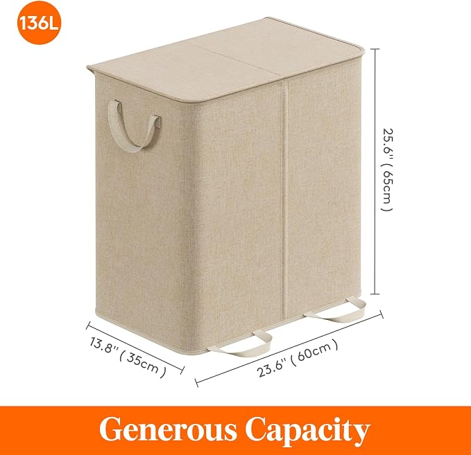 Lifewit Double Laundry Hamper with Lid and Removable Laundry Bags, Large Collapsible 2 Dividers Dirty Clothes Basket with Handles for Bedroom Laundry Room Closet Bathroom College, 136L Beige - Image 5