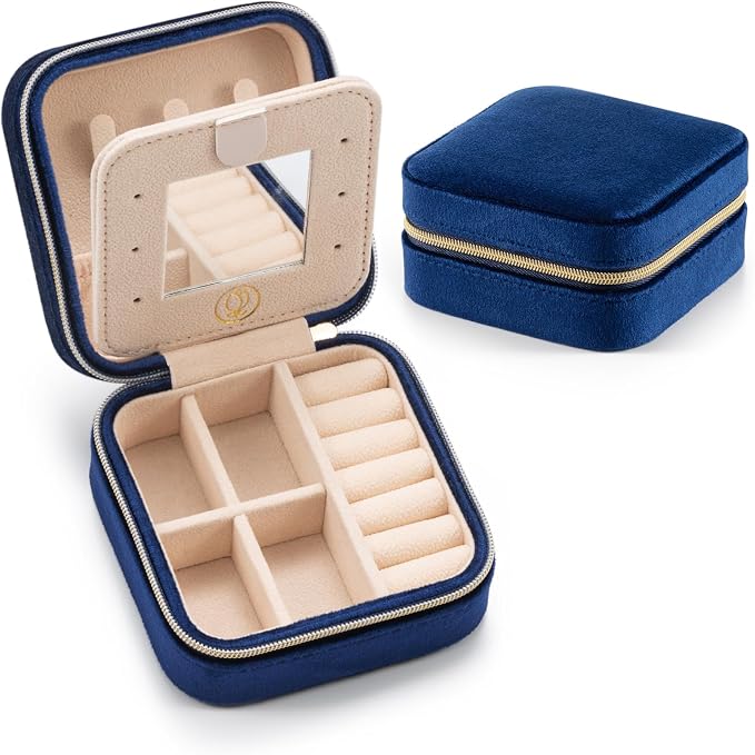 Plush Velvet Travel Jewelry Case,Mini Jewelry Box,Small Jewelry Organizer Portable Display Jewelry Storage Case, for Girls Women (NavyBlue-With Mirror) by VOMNA