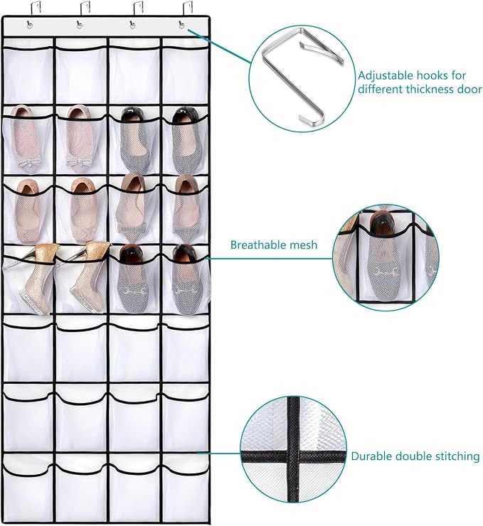 REGELETO 2 Pack 28 Pocket Over the Door Shoe Organizer, Hanging Shoe Rack for Door Large Capacity Shoe Organizer Holder with 4 Metal Hooks (White-2Pack) - Image 4