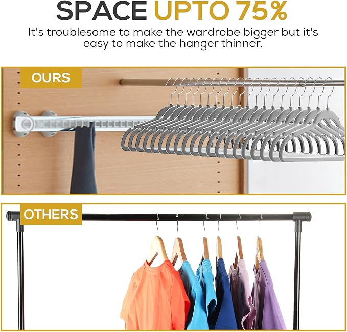 Techzoo Premium Velvet Hangers 50 Pack Ultra Thin Non Slip Adult Felt Space Saving Slim Suit Hanger for Closet Heavy Duty Coat Pants Jackets Dress Hangers 360° Swivel Hook Hold Upto 10 lbs Gray - Image 6