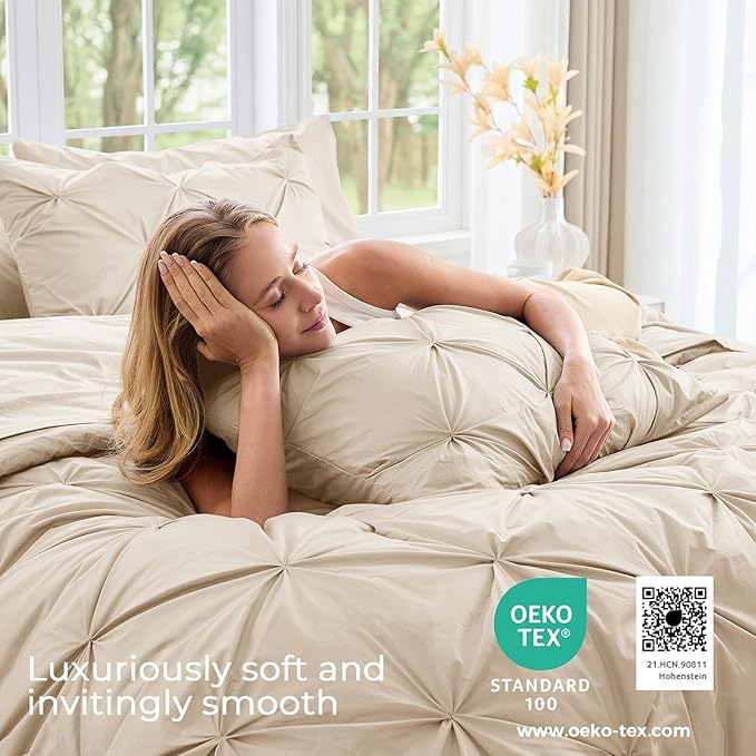Sasttie California King Comforter Set, 7-Piece Bed in a Bag Cal King, Pintuck Bedding Set for All Season, Includes Comforter, Flat Sheet, Fitted Sheet, Pillowcases and Pillowshams, Warm Beige