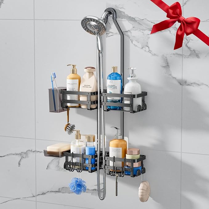 GAOKASE Aluminum Shower Caddy Hanging, Never Rust Shower Organizer- 4 Levels with adjustable Height 10 Hooks for Razor/Sponge - Rack with Soap Basket (Black-1) by GAOKASE