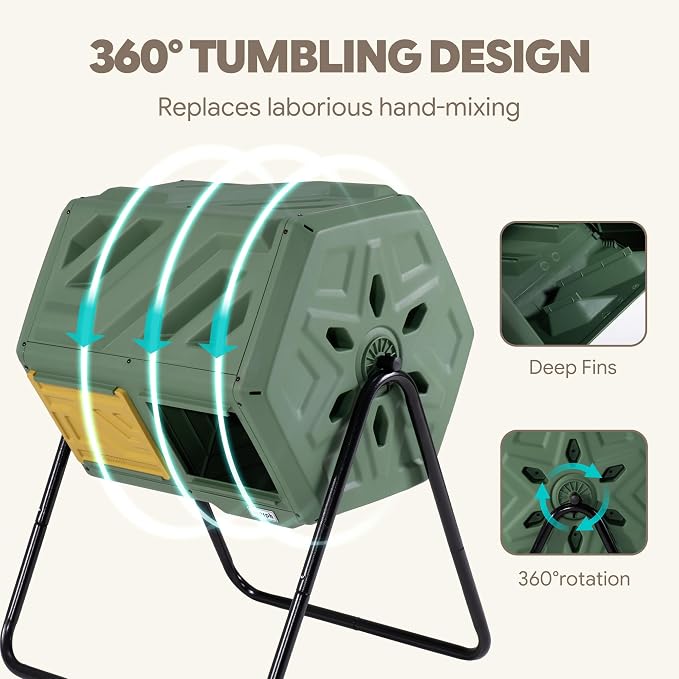 Werph Updated 43 Gallon Dual-Chamber Compost Bin, Fast Assembly Outdoor Compost Tumbler, Rotating Batch Composter Bin with Gloves for Garden, Kitchen, and Yard - Image 6
