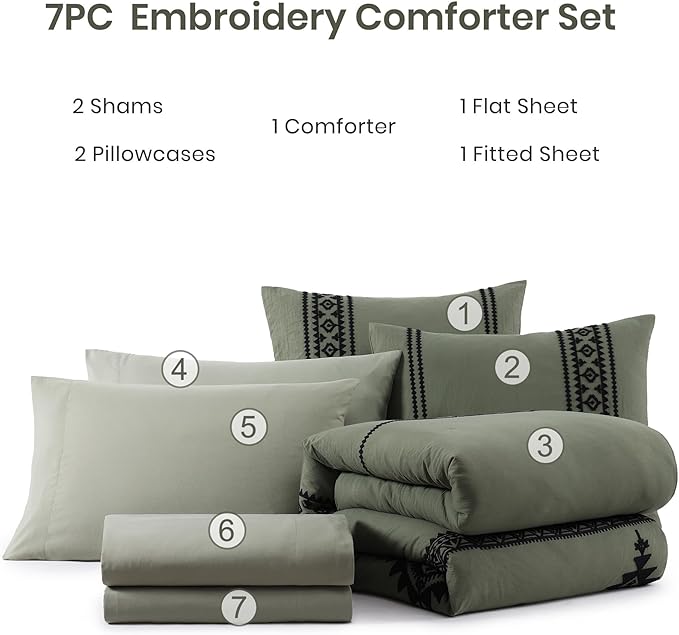 MaiRêve Embroidery Comforter Set, Boho Farmhouse Western Bedding Set, All Season Bed in A Bag Comforter Set with Sheets, Pillowcases & Shams, Olive Green Oversized Queen 7 Pieces