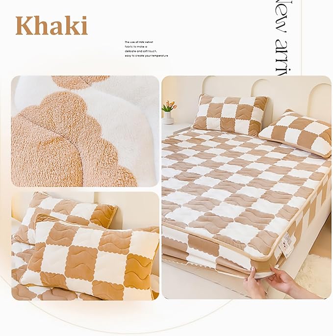 Velvet Fitted Sheet, Soft Velvet Fleece Bed Sheet Mattress Protector Cover with 12'' Deep Pocket Breathable Mattress Pad Cover, Elastic Fitted Mattress Topper(Cal King-79x87inch, Khaki)