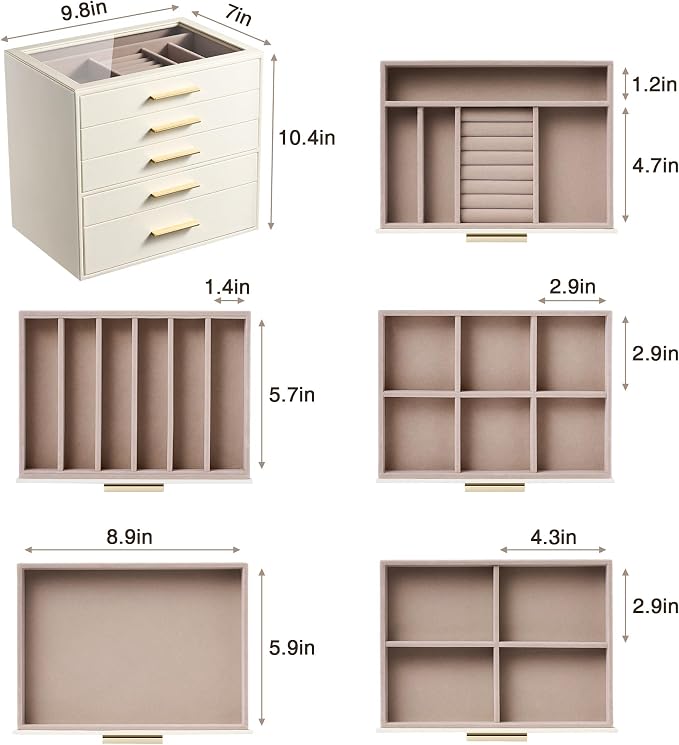 pickpiff Jewelry Box Organizer Case for Women: 5-Layer Jewelry Storage Case with Glass Window, Ivory Leather with Pink Velvet, Holder for Ring Necklace Bracelet Brooch Watch, Great Gift for Her - Image 8
