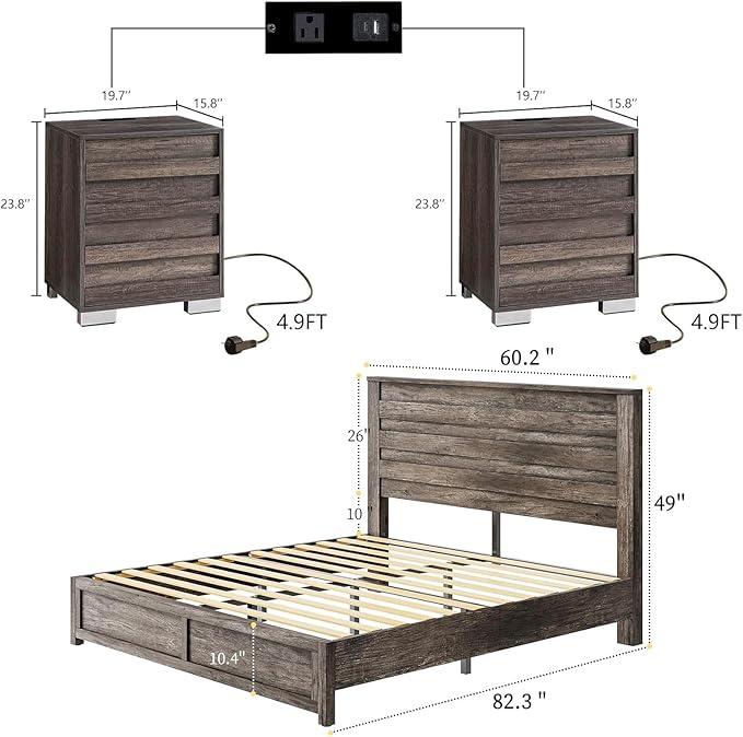 LUXOAK 3 Pcs Bedroom Furniture Sets,Includes Farmhouse Queen Size Bed Frame with 49" Tall Headboard and Nightstand Sets of 2 with Charging Station, Slated Handles & Stainless Steel Feet, Rustic Grey